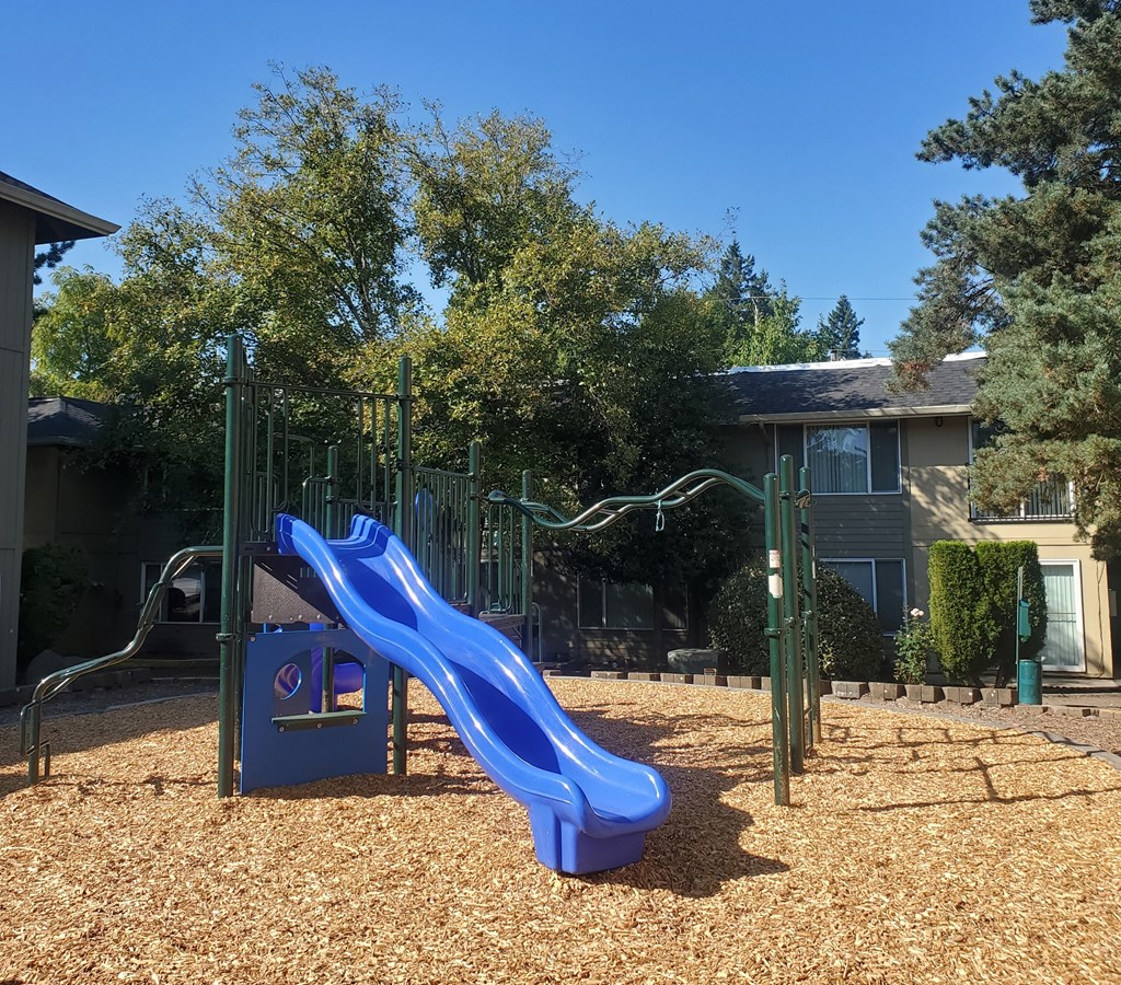 a playground with a blue slide in front of a house