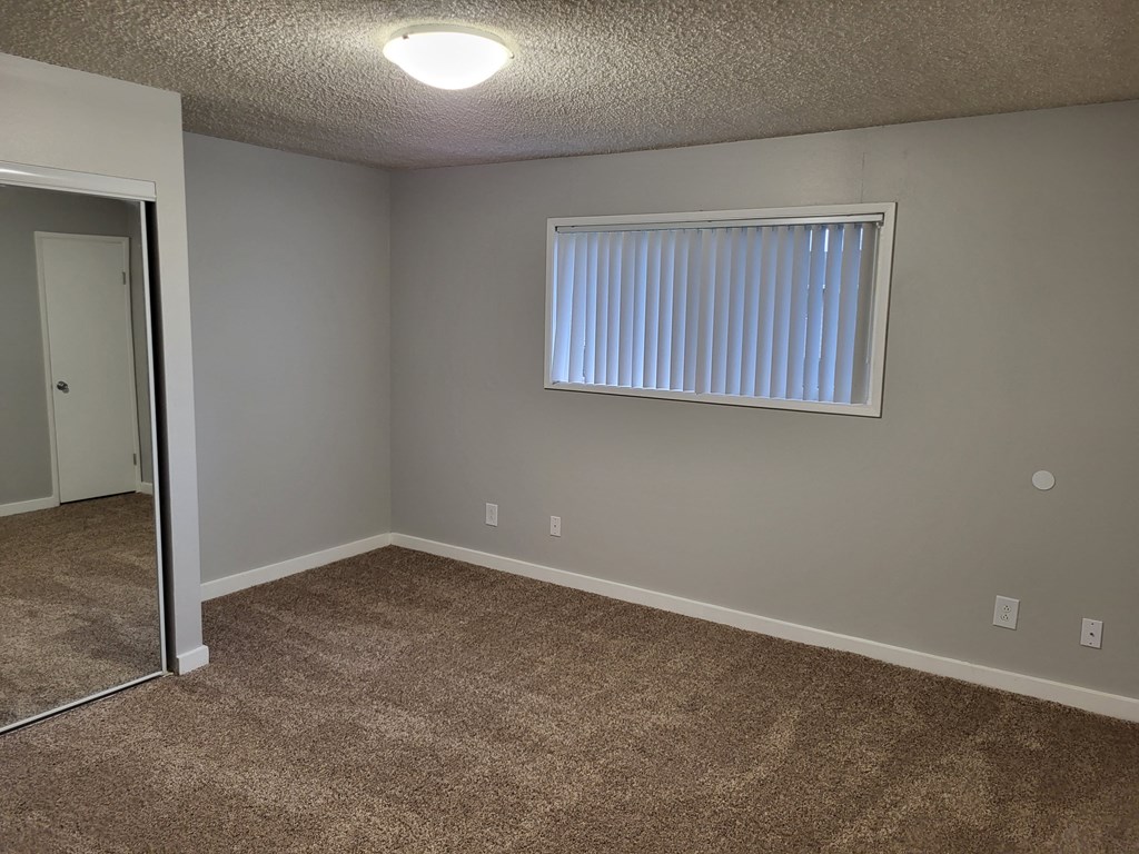 an empty living room with a window and carpet
