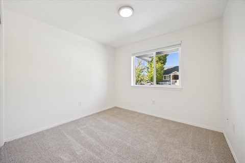 A room with a carpeted floor and a window showing a house and trees outside.