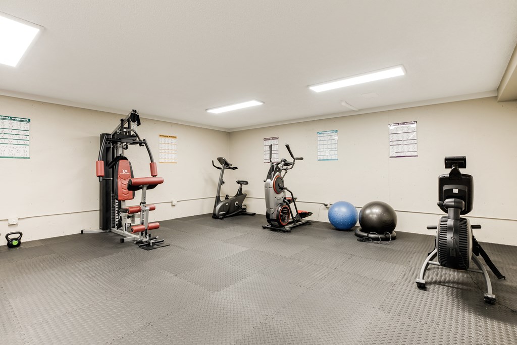 a home gym with exercise equipment and weights on the wall