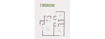 A 2 bedroom floor plan with a kitchen area.