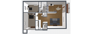 A floor plan of a house with a kitchen, living room, and bathroom.