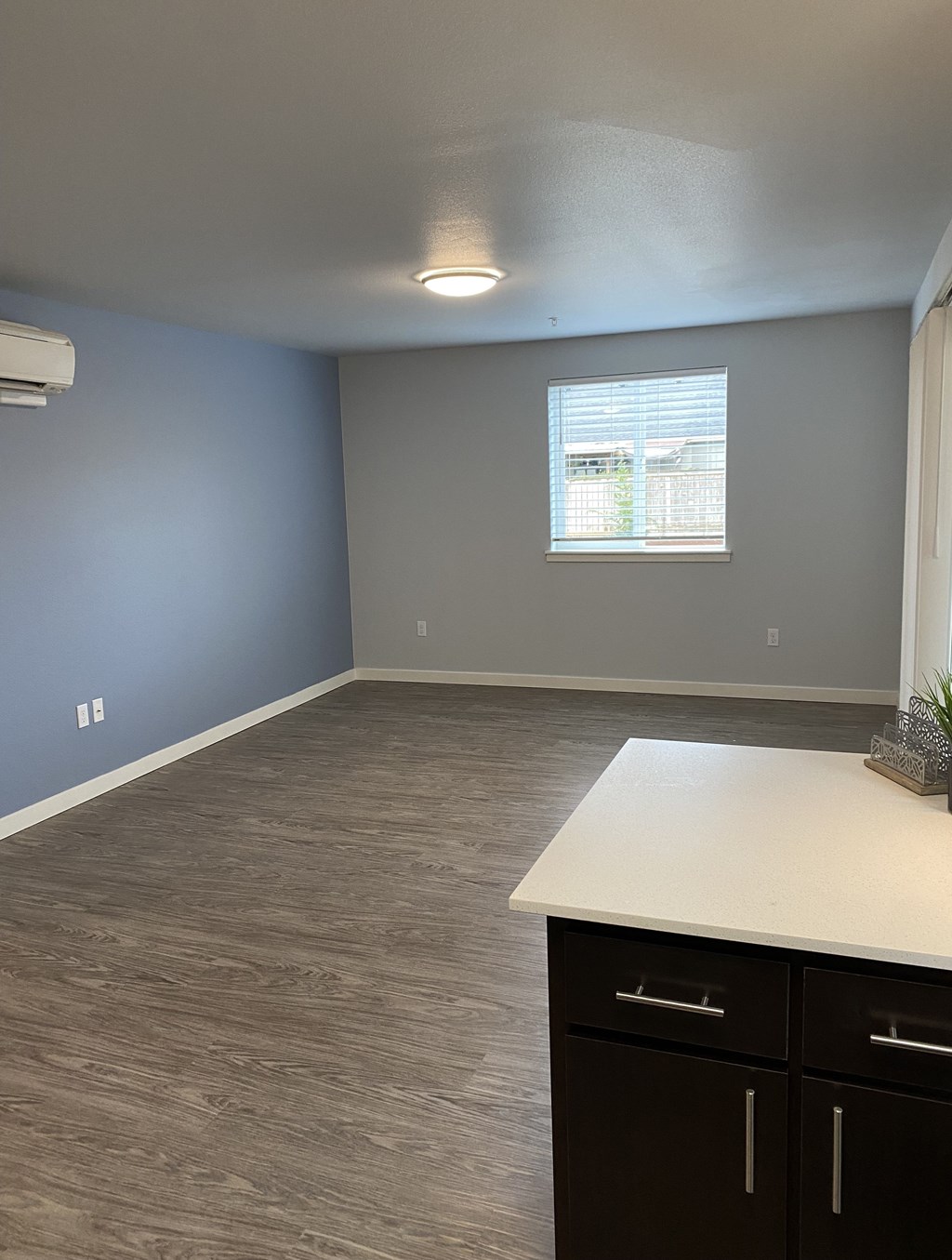 A room with a window and a counter.