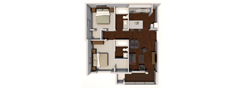 A 3D rendered image of a small apartment layout.