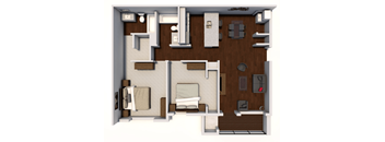 A 3D rendered image of a house layout.