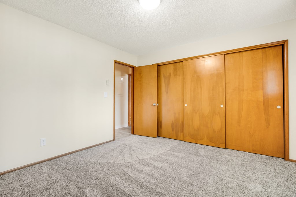 a living room with carpet and wooden closet doors