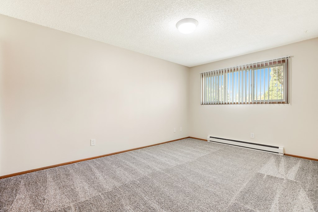 an empty living room with carpet and a window