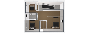 A 3D floor plan of a house with a kitchen, living room, and two bedrooms.