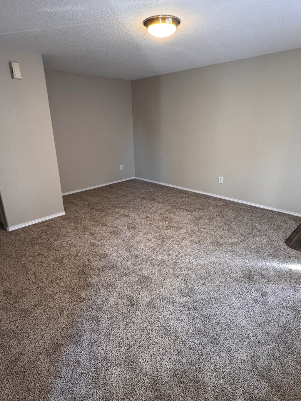 A room with a carpeted floor and a ceiling light.