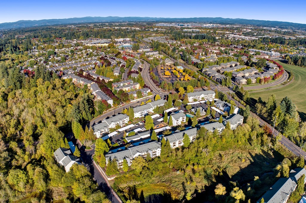 Ariel view of city Aloha Oregon Quatama Village Apartments 