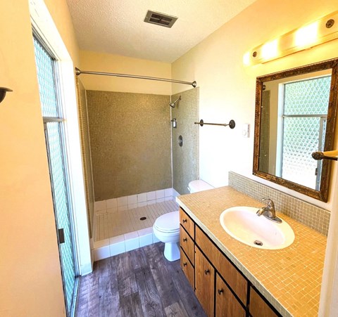 A bathroom with a toilet, sink, and shower.