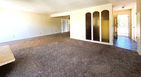 A room with a carpeted floor and a doorway leading to another room.