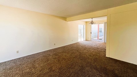 A room with a carpeted floor and a doorway leading to another room.
