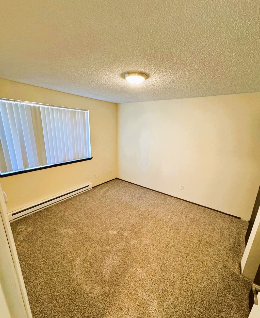 A room with a carpeted floor and a window with blinds.