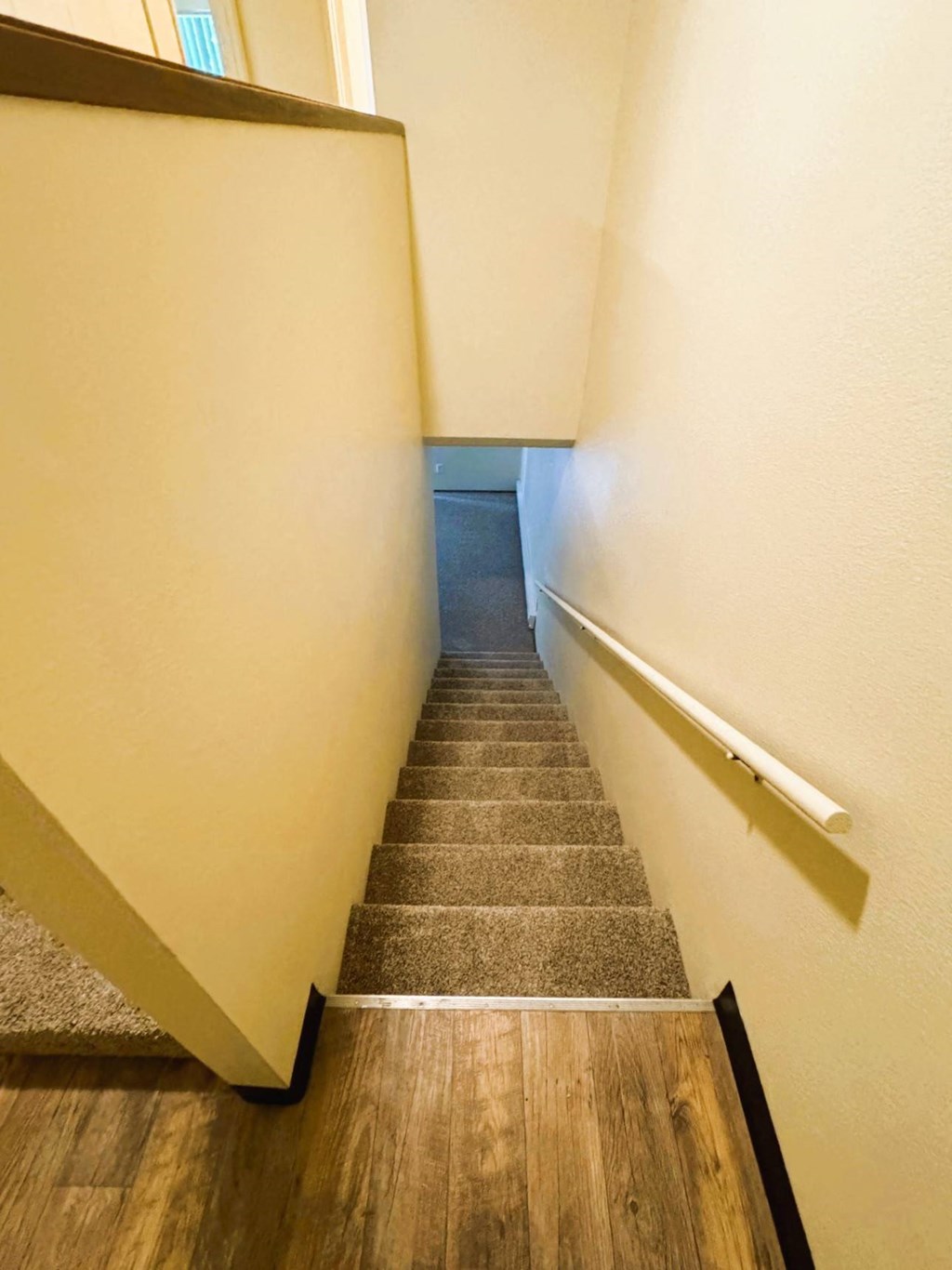 A staircase with a wooden floor and a carpeted stairway.