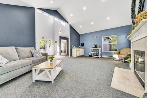 A living room with a grey couch and a coffee table.