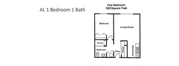 the floor plan of a1 bedroom unit with bathroom and laundry