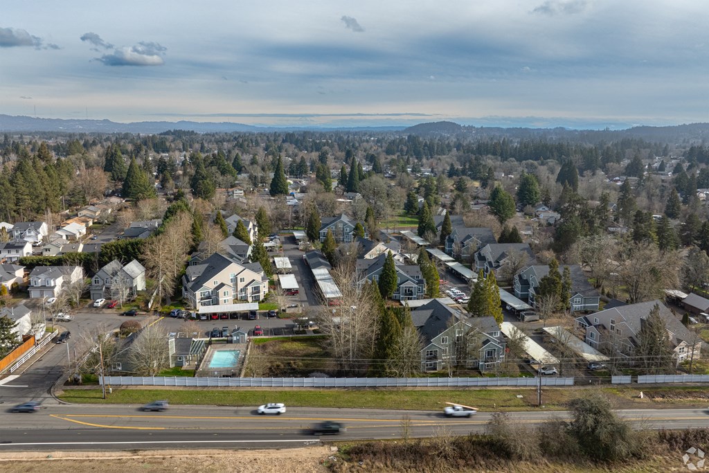 A suburban neighborhood with houses and a road.