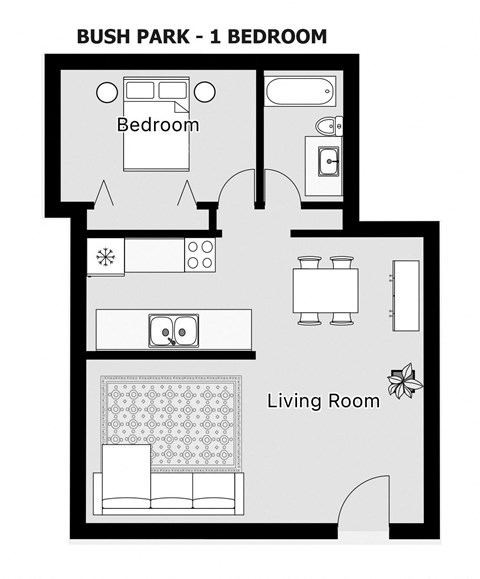 A floor plan of a one bedroom Bush Park apartment.