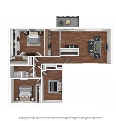 a floor plan of a furnished three bedroom apartment