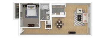 a bedroom with a bed and a mirror