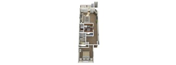 A 3D floor plan of a small apartment with a kitchen, living room, and bedroom.