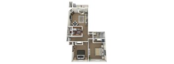 A 3D floor plan of a small apartment with a kitchen, living room, and bedroom.