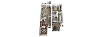 A 3D floor plan of a house with a kitchen, living room, dining room, bedrooms and bathrooms.
