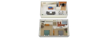 A top and bottom view of a small apartment with a living room, kitchen, and bedroom.