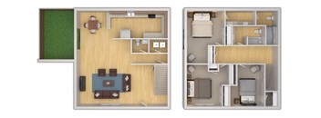 Two images of a house layout with a living room, kitchen, and bedrooms.