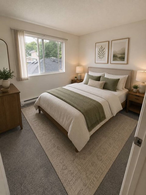 A bedroom with a large bed and a window.