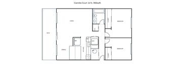 A floor plan of a one bedroom apartment with a living room, a kitchen, a bathroom and a bedroom.