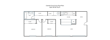 A floor plan of a 2x1 square foot Camilla Court apartment, including a bedroom, bathroom, kitchen, living room, and dining room.