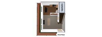 A drawing of a first floor apartment with a kitchen, living room and stairs.