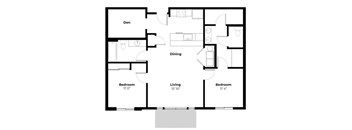 A floor plan of a house with a den, two bedrooms, and a living area.