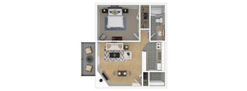 A floor plan of a small apartment with a bedroom, living room, and bathroom.