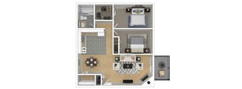 A top-down view of a small apartment layout with a kitchen, living room, and bedroom.