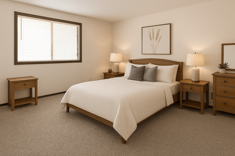 A bedroom with a large bed, two nightstands, and a window with blinds.