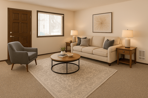 A living room with a grey armchair, a white sofa, a coffee table, and two lamps.