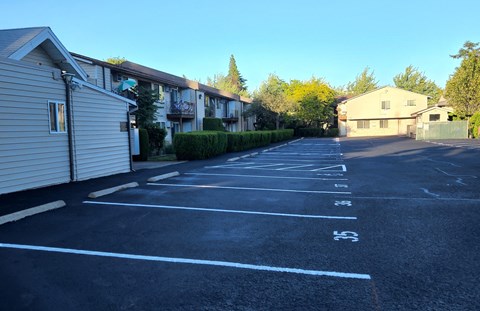 A parking lot with numbered parking spaces.