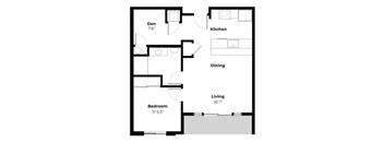 A floor plan of a small apartment with a den, kitchen, dining area, and a bedroom.