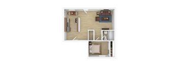 a bedroom with a bed and a chair in a room