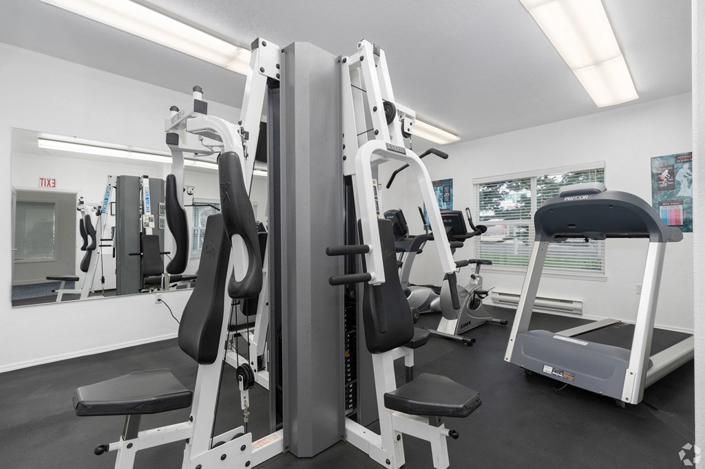 A gym with a row of exercise machines.