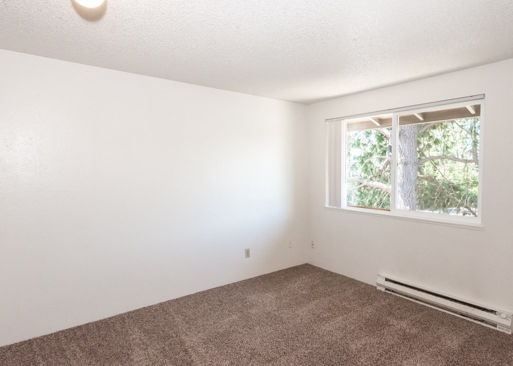 a bedroom with a large window and a carpeted floor