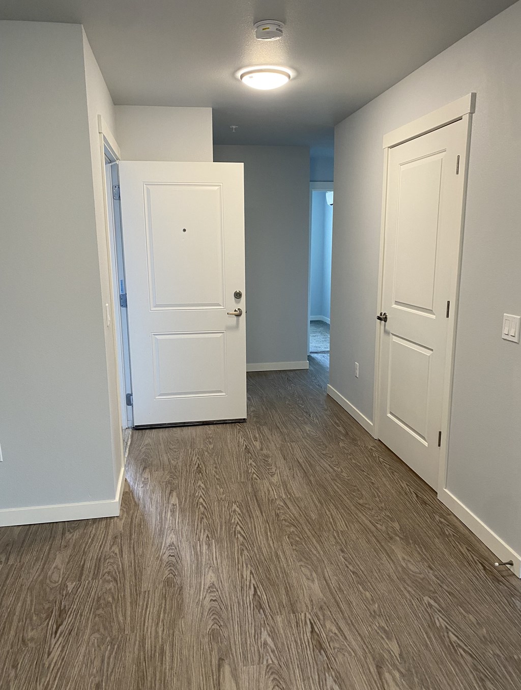 A hallway with two doors and a light on the ceiling.