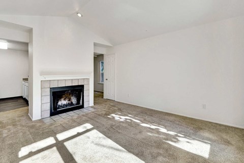A living room with a fireplace and a carpet on the floor.