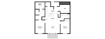 A floor plan of a home with a living room, two bedrooms, a kitchen, a dining room, and a walk-in closet.