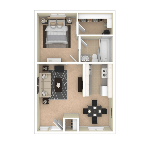 a floor plan of a furnished one bedroom apartment