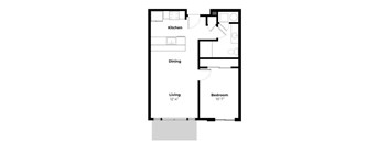 A floor plan of a small apartment with a kitchen, dining area, living room, and bedroom.
