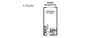 a floor plan of a studio apartment with a living room and a sink